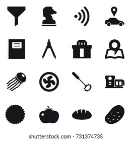 16 vector icon set : funnel, chess horse, wireless, car pointer, copybook, drawing compass, map, jellyfish, cooler fan, whisk, tomato, bread, potato