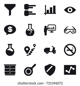 16 vector icon set : funnel, diagram, graph, eye, money message, round flask, presentation, smart glasses, no smoking, chest of drawers, pan