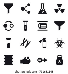16 vector icon set : funnel, molecule, flask, nuclear, quantum bond, vial, nanotube, fertilizer
