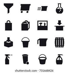 16 vector icon set : funnel, delivery, round flask, shopping bag, tools, bucket, measuring cup, barrel, sprayer, trash bin, liquid soap