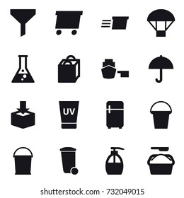 16 vector icon set : funnel, delivery, parachute, flask, shopping bag, uv cream, fridge, bucket, trash bin, liquid soap, washing powder
