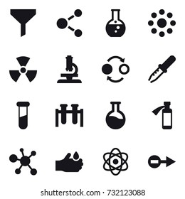 16 vector icon set : funnel, molecule, round flask, round around, nuclear, microscope, quantum bond