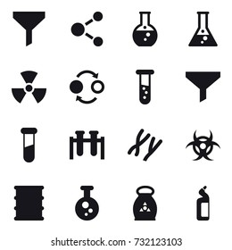 16 vector icon set : funnel, molecule, round flask, flask, nuclear, quantum bond, vial, fertilizer, toilet cleanser