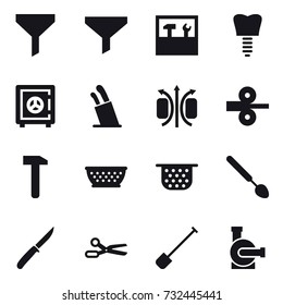 16 vector icon set : funnel, tools, safe, stands for knives, kolander, colander, big spoon, knife, scissors, shovel, water pump