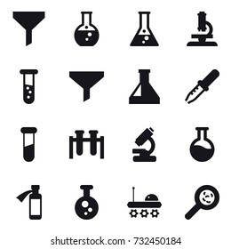 16 vector icon set : funnel, round flask, flask, microscope, vial, viruses