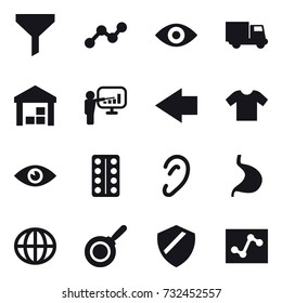 16 vector icon set : funnel, graph, eye, truck, warehouse, presentation, left arrow, t-shirt, globe, pan