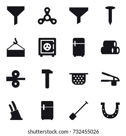 16 vector icon set : funnel, spinner, nail, safe, fridge, colander, garlic clasp, knife holder, shovel, horseshoe