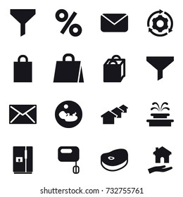 16 vector icon set : funnel, percent, mail, around gear, shopping bag, houses, fountain, fridge, housing