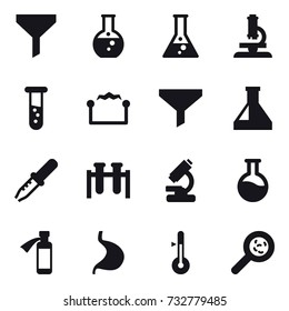 16 vector icon set : funnel, round flask, flask, microscope, vial, electrostatic, thermometer, viruses