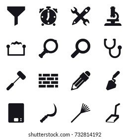 16 vector icon set : funnel, alarm clock, pencil wrench, microscope, electrostatic, magnifier, brick wall, pencil, construction, kitchen scales, sickle, rake, scoop