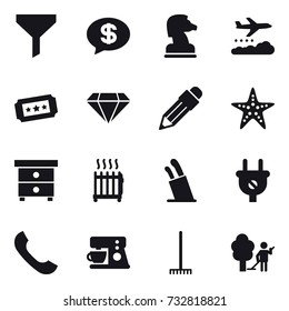 16 vector icon set : funnel, money message, chess horse, weather management, ticket, diamond, pencil, starfish, nightstand, radiator, stands for knives, rake, garden cleaning