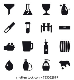 16 vector icon set : funnel, flask, wineglass, cleanser, level, cup, barrel, drop, shampoo, liquid soap, spot
