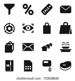 16 vector icon set : funnel, percent, sale, mail, around gear, eye identity, shopping bag, houses, fountain, fridge