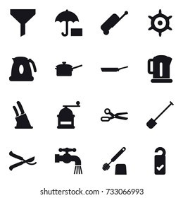 16 vector icon set : funnel, suitcase, handwheel, kettle, saute pan, pan, knife holder, hand mill, scissors, shovel, pruner, water tap, toilet brush, please clean