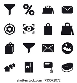 16 vector icon set : funnel, percent, shopping bag, mail, around gear, eye identity, houses, fridge