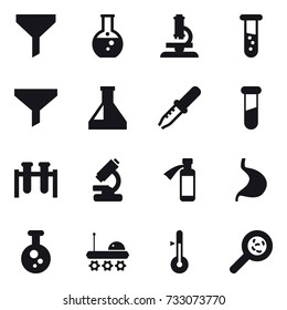 16 vector icon set : funnel, round flask, microscope, vial, thermometer, viruses