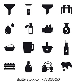 16 vector icon set : funnel, vial, washing, cup, sponge, cleanser, dish cleanser, spot
