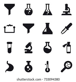 16 vector icon set : funnel, round flask, flask, microscope, electrostatic, thermometer, viruses