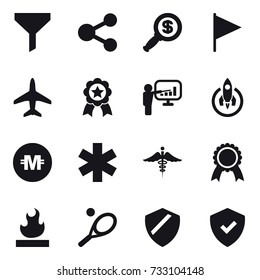16 vector icon set : funnel, share, dollar magnifier, flag, plane, medal, presentation, rocket, crypto currency, tennis