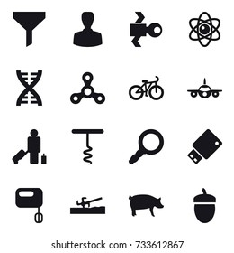 16 Vector Icon Set : Funnel, Man, Satellite, Atom, Dna, Spinner, Bike, Passenger, Corkscrew, Soil Cutter, Pig, Acorn