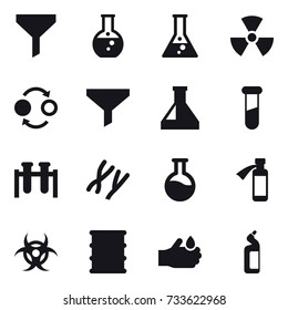 16 vector icon set : funnel, round flask, flask, nuclear, quantum bond, toilet cleanser