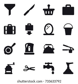16 vector icon set : funnel, suitcase iocn, suitcase, baggage get, mirror, bucket, pan, kettle, garlic clasp, hand mill, scissors, water tap, plunger
