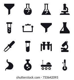 16 vector icon set : funnel, round flask, flask, microscope, vial, electrostatic, thermometer