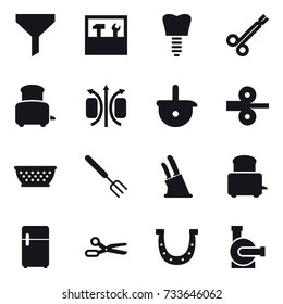 16 vector icon set : funnel, tools, toaster, kolander, big fork, knife holder, scissors, horseshoe, water pump