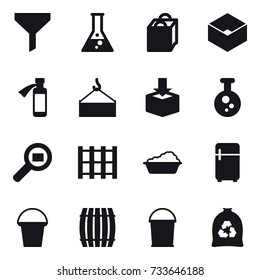 16 vector icon set : funnel, flask, shopping bag, box, washing, fridge, bucket, barrel, garbage bag