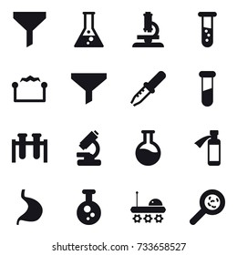 16 vector icon set : funnel, flask, microscope, vial, electrostatic, viruses