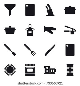 16 vector icon set : funnel, cutting board, stands for knives, pan, apron, cook glove, garlic clasp, spatula, big fork, knife