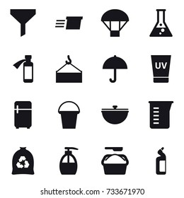 16 vector icon set : funnel, delivery, parachute, flask, uv cream, fridge, bucket, cauldron, measuring cup, garbage bag, liquid soap, washing powder, toilet cleanser