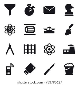 16 vector icon set : funnel, stopwatch, mail, chess horse, atom, nanotube, scales, construction, drawing compass, knife, foam bucket