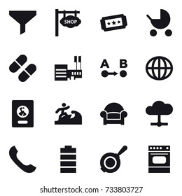 16 vector icon set : funnel, shop signboard, ticket, baby stroller, mall, globe, passport, surfer, armchair, pan