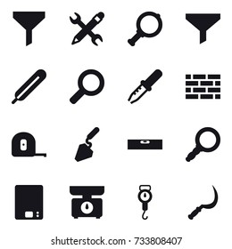 16 vector icon set : funnel, pencil wrench, magnifier, brick wall, measuring tape, construction, level, kitchen scales, handle scales, sickle