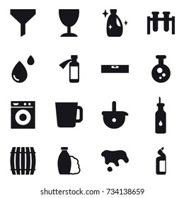 16 vector icon set : funnel, wineglass, cleanser, level, washing machine, cup, barrel, shampoo, spot, toilet cleanser