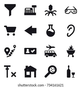 16 vector icon set : funnel, cashbox, virus, smart glasses, cart, left arrow, check in, transfer, bbq, house, viruses, wine