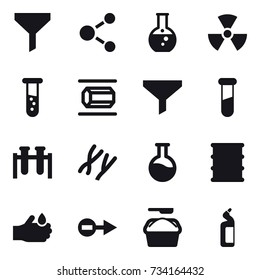 16 vector icon set : funnel, molecule, round flask, nuclear, vial, nanotube, washing powder, toilet cleanser 16 vector icon set : funnel, molecule, round flask, nuclear, vial, nanotube, washing powder, toilet cleanser