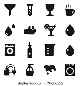 16 vector icon set : funnel, vial, wineglass, hot drink, cocktail, drop, washing machine, measuring cup, dish cleanser, liquid soap, spot