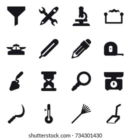 16 vector icon set : funnel, pencil wrench, microscope, electrostatic, scales, pencil, measuring tape, construction, kitchen scales, sickle, thermometer, rake, scoop