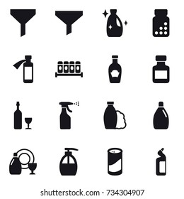 16 vector icon set : funnel, cleanser, pills bottle, wine, sprayer, shampoo, dish cleanser, liquid soap, cleanser powder, toilet cleanser