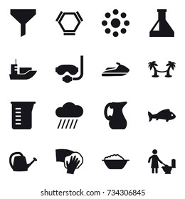 16 vector icon set : funnel, hex molecule, round around, diving mask, jet ski, palm hammock, measuring cup, rain cloud, jug, fish, watering can, wiping, foam basin, toilet cleaning