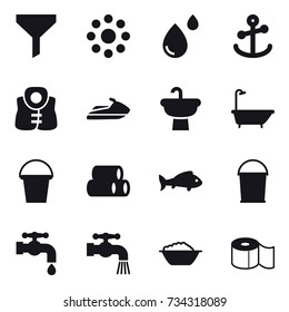 16 vector icon set : funnel, round around, life vest, jet ski, bath, bucket, fish, water tap, foam basin, toilet paper