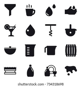 16 vector icon set : funnel, hot drink, cocktail, drop, corkscrew, cauldron, measuring cup, barrel, sponge, cleanser, dish cleanser, spot