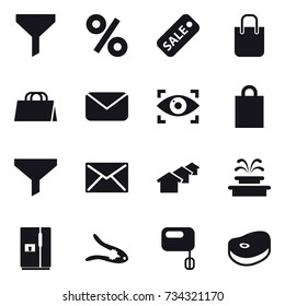16 vector icon set : funnel, percent, sale, shopping bag, mail, eye identity, houses, fountain, fridge, walnut crack