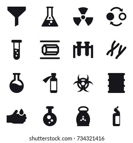 16 vector icon set : funnel, flask, nuclear, quantum bond, vial, nanotube, fertilizer, toilet cleanser