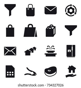 16 vector icon set : funnel, shopping bag, mail, around gear, houses, fountain, fridge, walnut crack, housing
