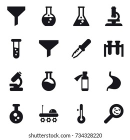 16 vector icon set : funnel, round flask, flask, microscope, vial, thermometer, viruses
