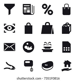 16 vector icon set : funnel, newspaper, percent, shopping bag, eye identity, mail, fountain, walnut crack, housing