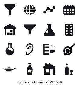 16 vector icon set : funnel, globe, graph, calendar, warehouse, hotel, pan, house, wine